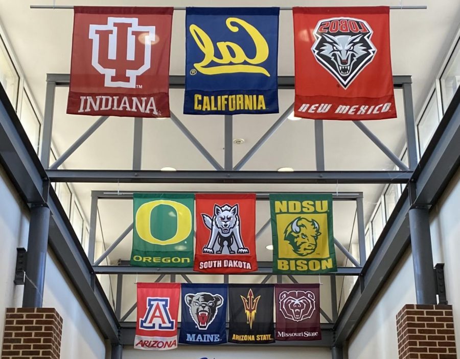 WHS college flags in foyer. 