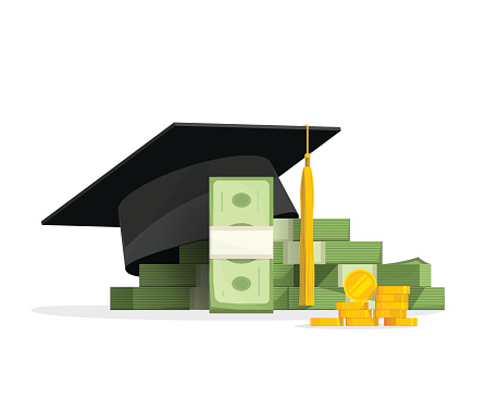 Graduation cap on pile of money and coins, concept of education costs, study cash, tuition fees, tax, pay, spending education money investment flat cartoon design isolated on white background
