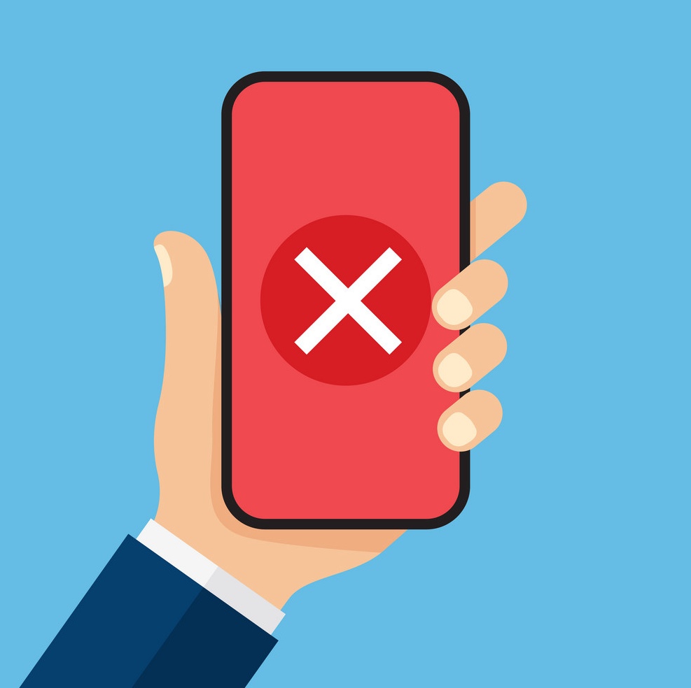 Hand holds smartphone. Cross mark on smartphone screen. Vector illustration